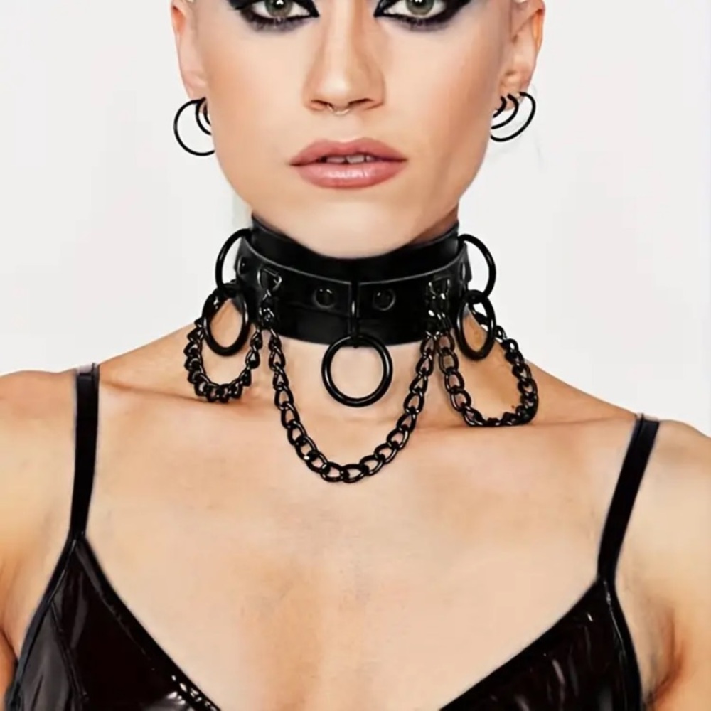 Faux Leather Chain Collar Choker O Ring Detail Buckle Closure Adjustable Black